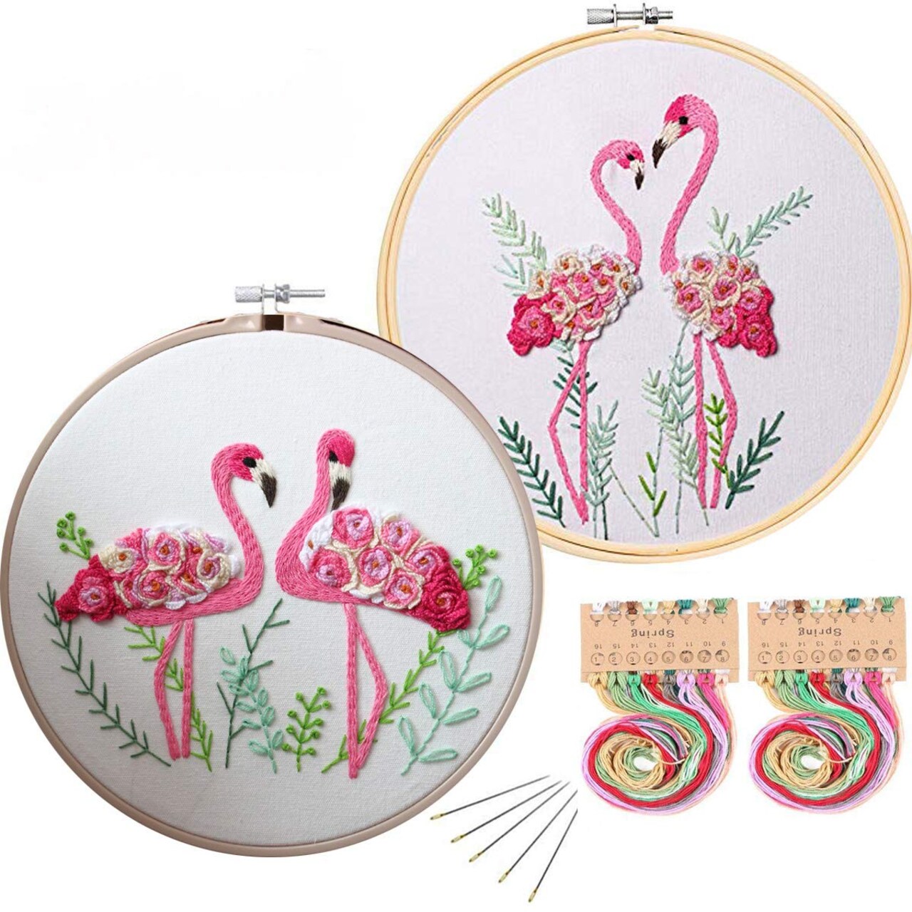 Flamingo Embroidery Kit for Beginners with Pattern Floral Stamped Full Range of Embroidery Starter Kit for Adults Cross Stitch Kit with Embroidery Cloth, Hoops, Color Thread and Tools,Set of 2